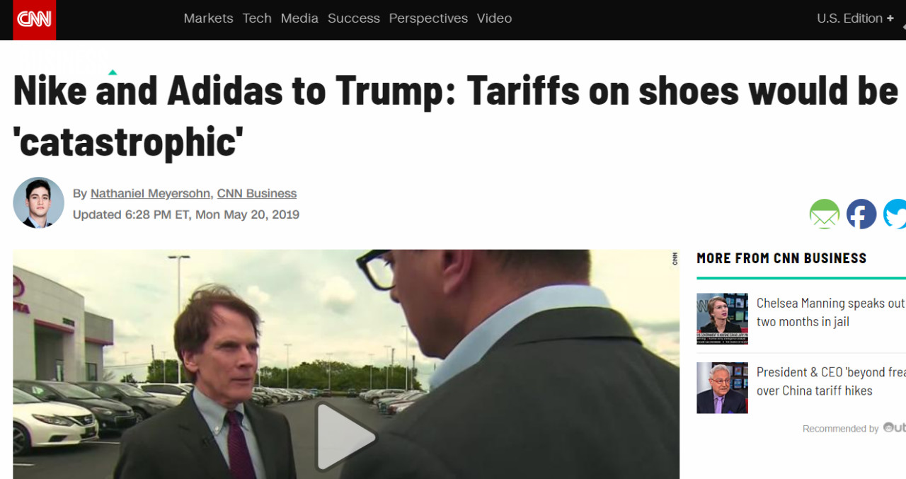 CNN耐克和阿迪达斯对特朗普：对鞋子的关税将是“灾难性的”